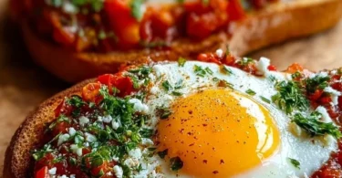 Delicious Shakshuka Toast with eggs, spices, and garnishes on crispy bread