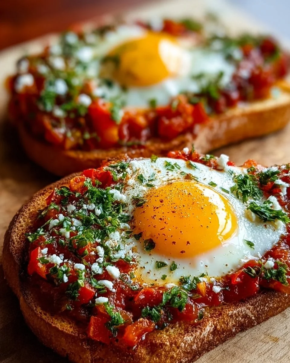 Delicious Shakshuka Toast with eggs, spices, and garnishes on crispy bread