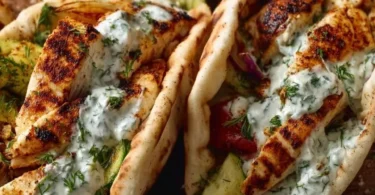 Sheet pan chicken pitas topped with herby ranch dressing and fresh veggies
