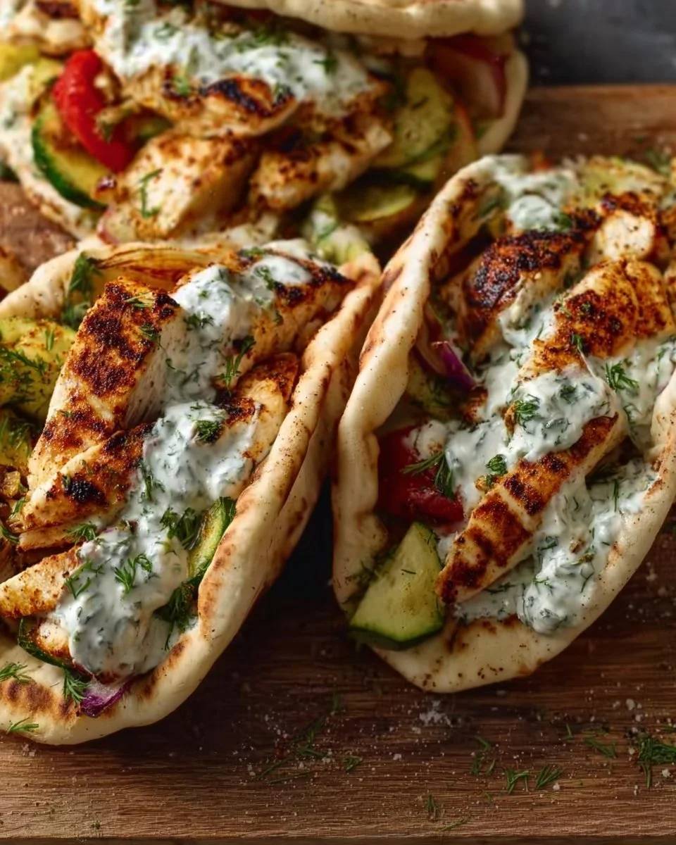 Sheet pan chicken pitas topped with herby ranch dressing and fresh veggies