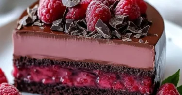 Silky Chocolate Raspberry Mousse Cake topped with fresh raspberries and chocolate shavings