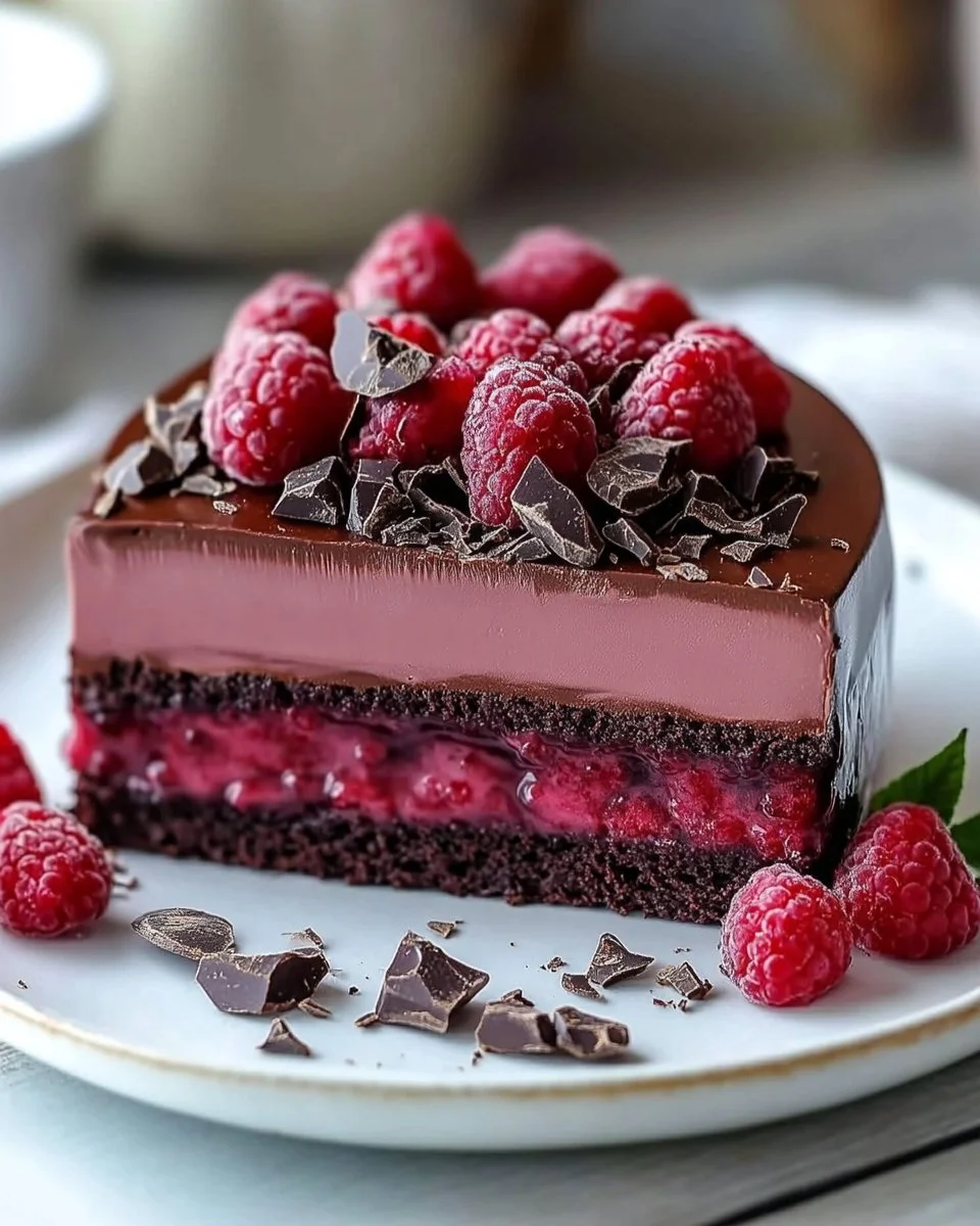 Silky Chocolate Raspberry Mousse Cake topped with fresh raspberries and chocolate shavings