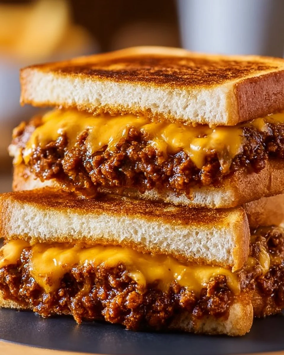 Delicious Sloppy Joe Grilled Cheese sandwich with melted cheese and savory filling.