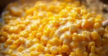 Slow Cooker Cheddar Corn dish with creamy cheese and corn kernels