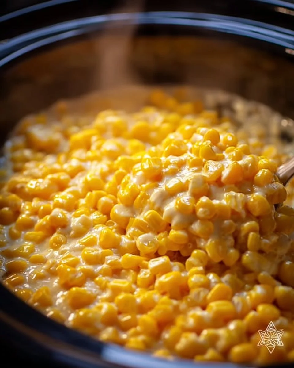 Slow Cooker Cheddar Corn dish with creamy cheese and corn kernels