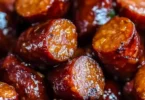 Slow cooker kielbasa bites served in a dish with toothpicks for easy snacking.