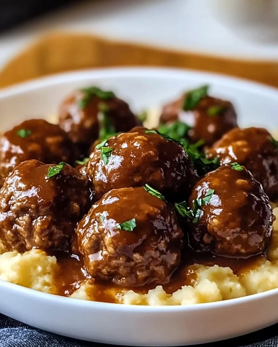 Slow Cooker Salisbury Steak Meatballs served with gravy and mashed potatoes