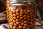 Smoky home canned baked beans in a rustic bowl