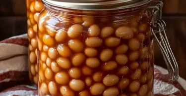Smoky home canned baked beans in a rustic bowl