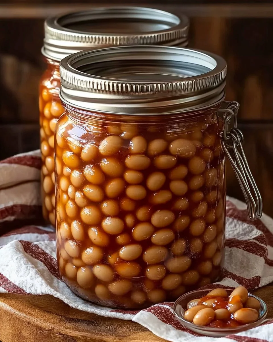 Smoky home canned baked beans in a rustic bowl