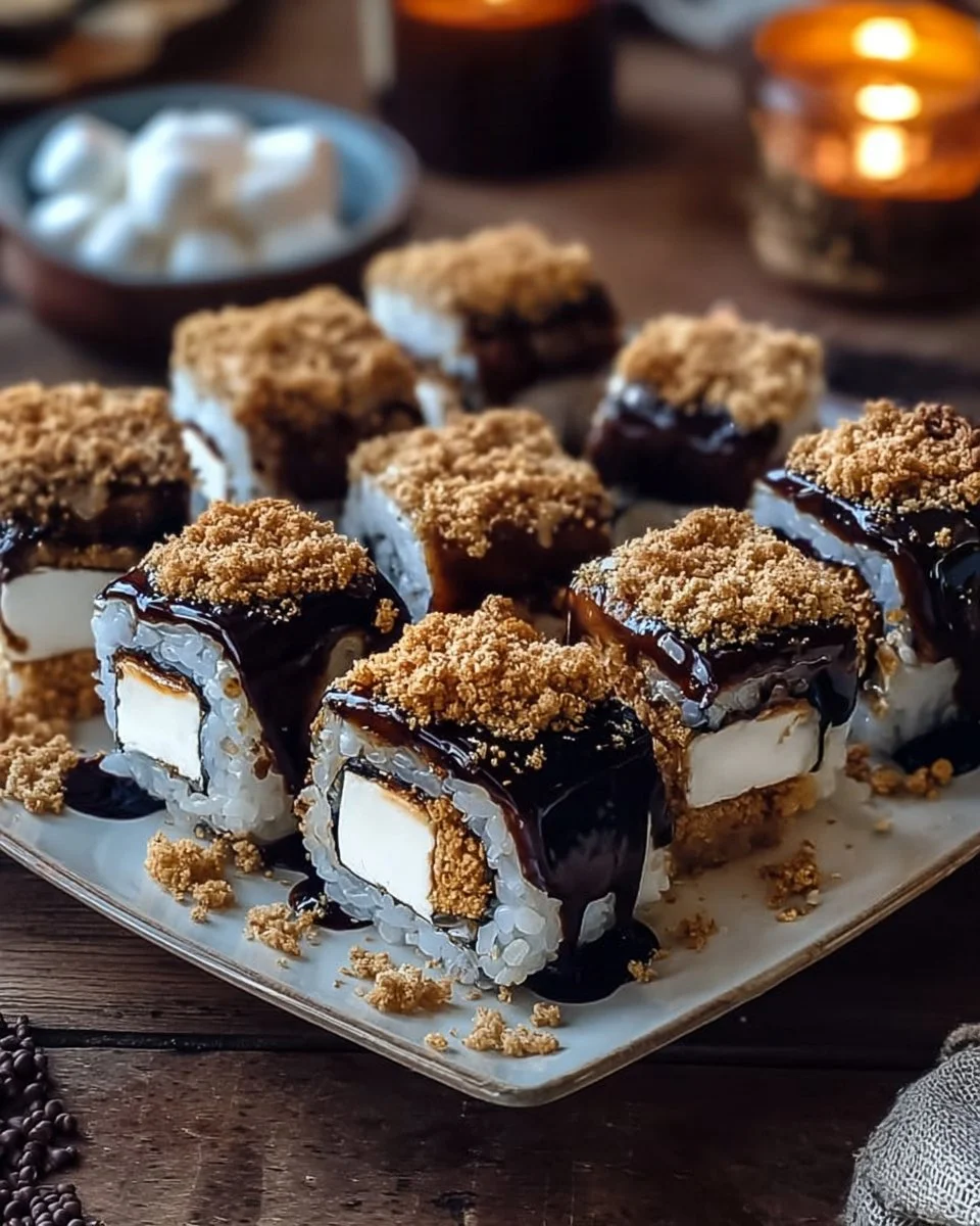 Delicious S'mores Sushi rolls with chocolate and marshmallows