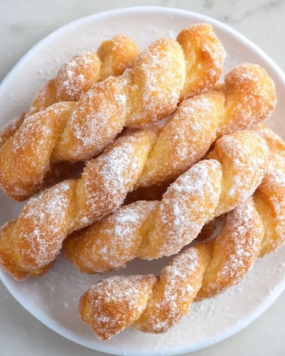 Freshly made soft and crispy twisted donuts on a platter