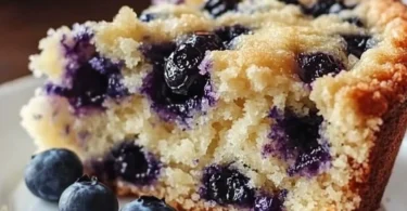Sour cream blueberry coffee cake with fresh blueberries on top