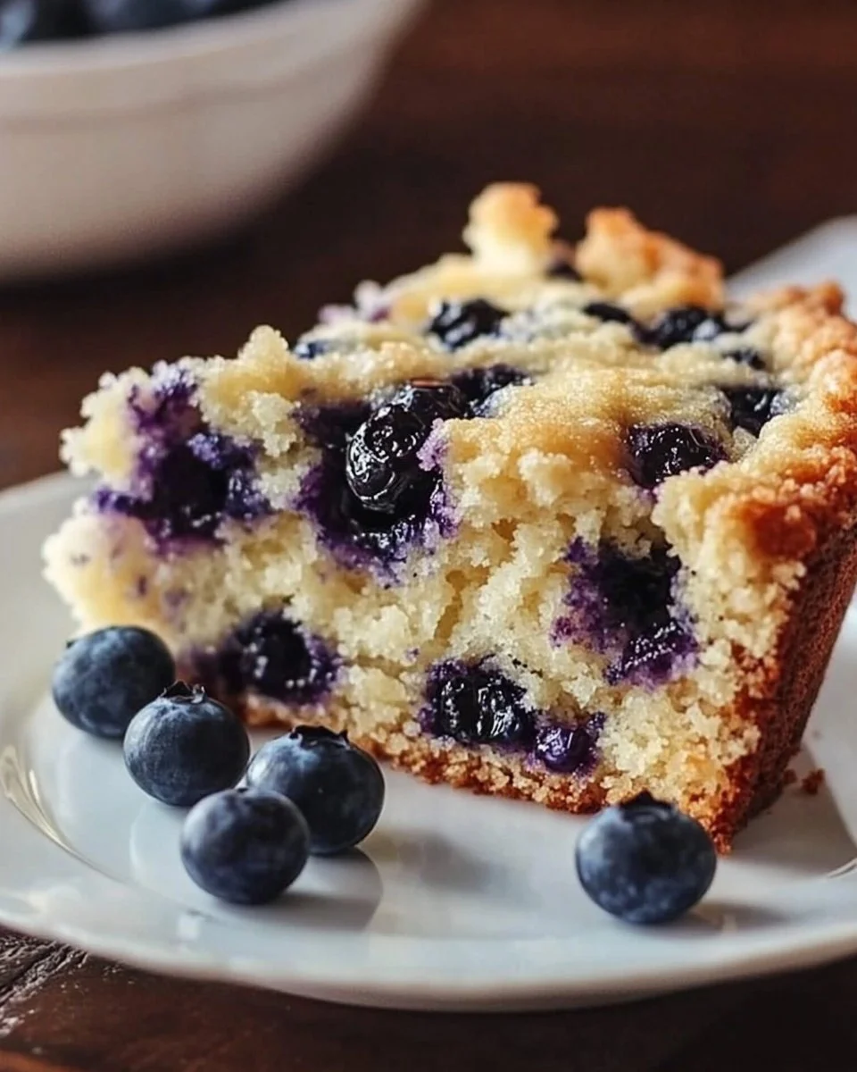 Sour cream blueberry coffee cake with fresh blueberries on top