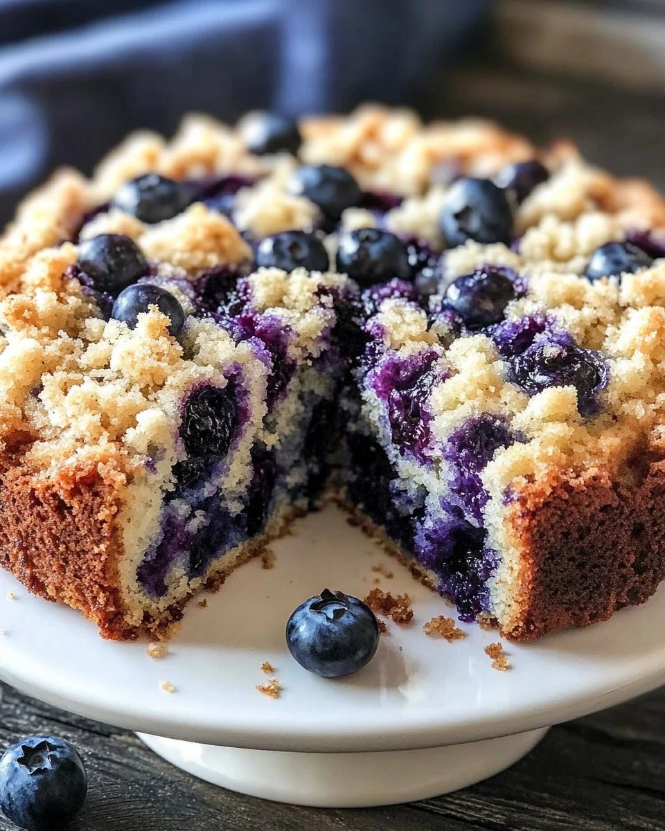 Sour Cream Blueberry Coffee Cake with blueberries on a plate