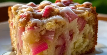 Sour Cream Rhubarb Coffee Cake with a crumbly topping served on a plate