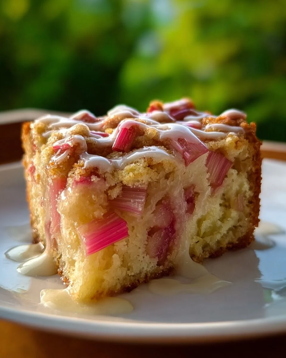 Sour Cream Rhubarb Coffee Cake with a crumbly topping served on a plate