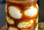 Spicy Bloody Mary Brined Eggs in a glass jar, garnished with herbs and spices.