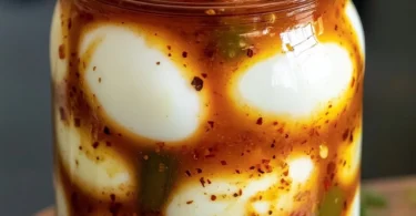 Spicy Bloody Mary Brined Eggs in a glass jar, garnished with herbs and spices.