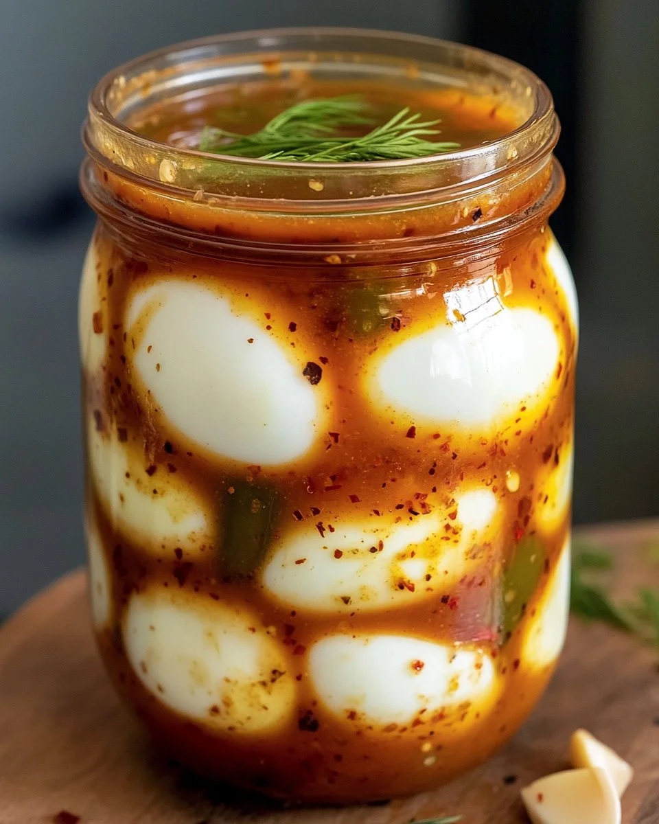 Spicy Bloody Mary Brined Eggs in a glass jar, garnished with herbs and spices.
