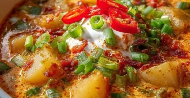 Bowl of spicy Cajun potato soup garnished with herbs