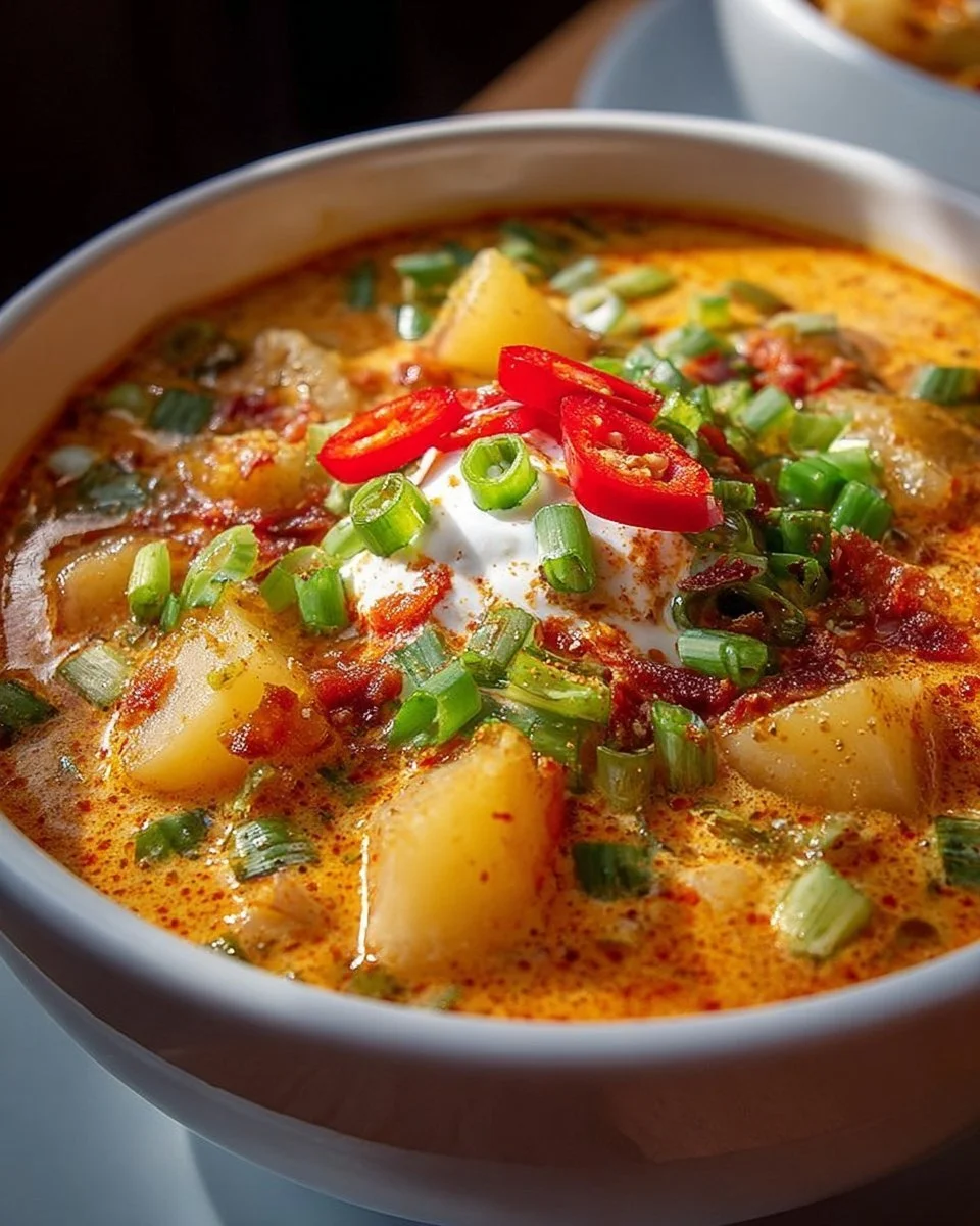 Bowl of spicy Cajun potato soup garnished with herbs
