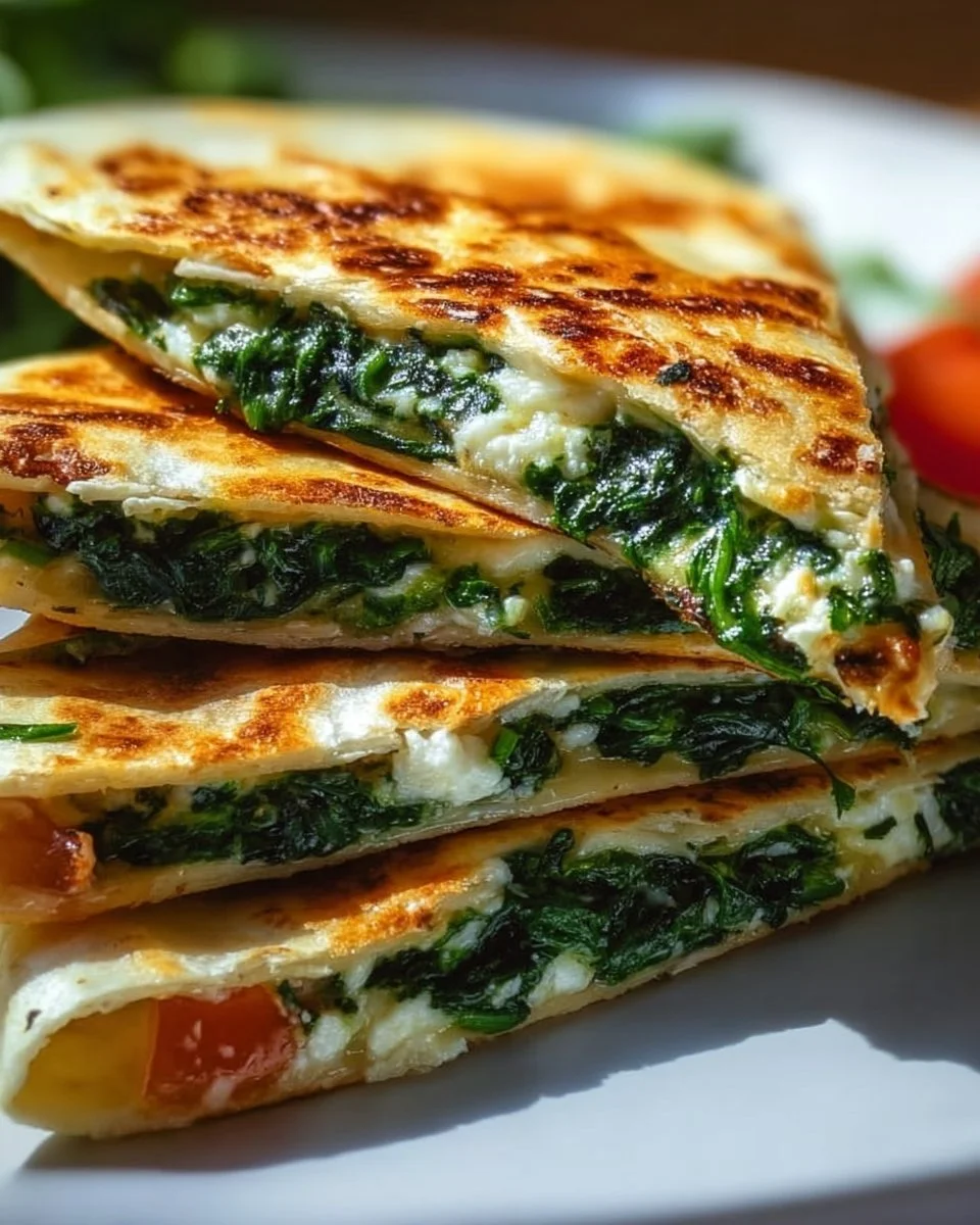 Spinach and feta quesadillas on a plate, garnished with herbs