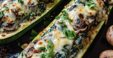 Spinach, mushroom, and ricotta stuffed zucchini boats with fresh herbs