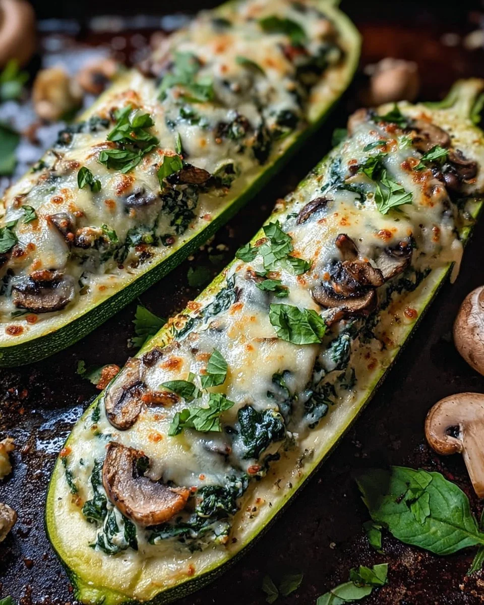 Spinach, mushroom, and ricotta stuffed zucchini boats with fresh herbs