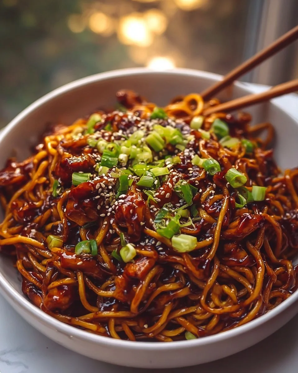 Delicious sticky garlic chicken noodles served in a bowl with green onions