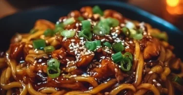 Delicious sticky garlic chicken noodles plated with fresh herbs and vegetables