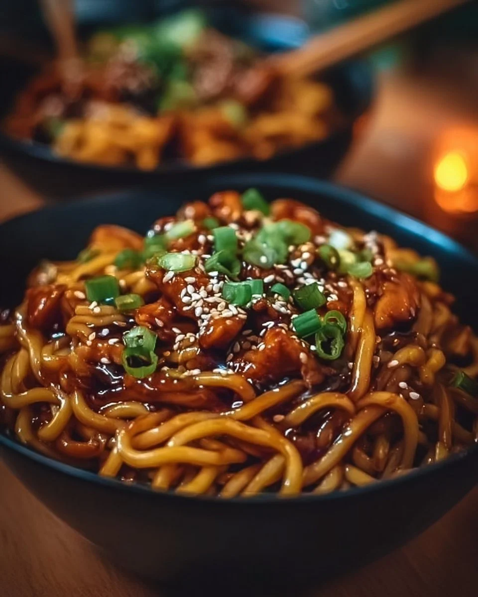 Delicious sticky garlic chicken noodles plated with fresh herbs and vegetables