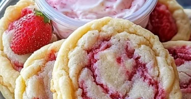 Strawberry Banana Pudding Cookies with a creamy cheesecake dip on a plate