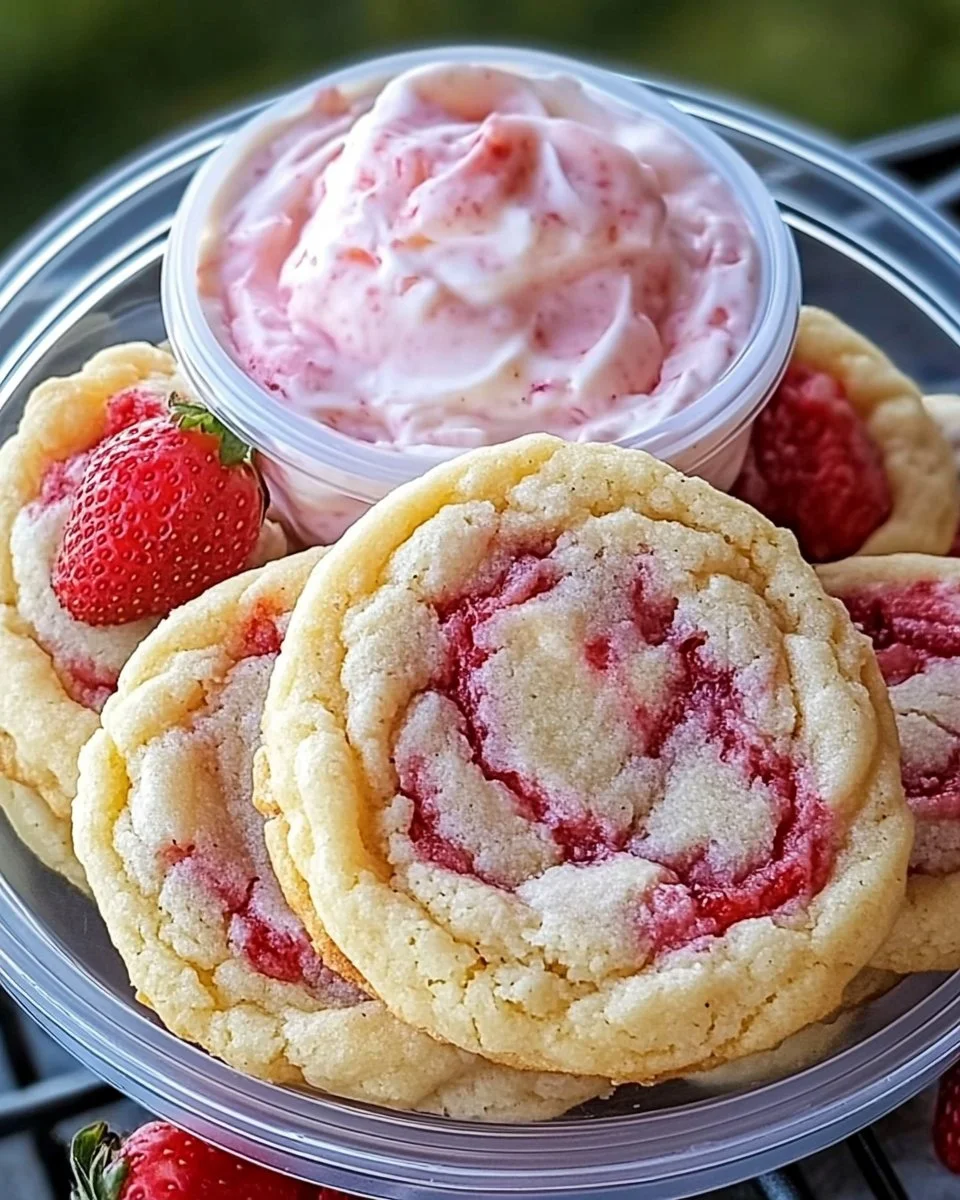 Strawberry Banana Pudding Cookies with a creamy cheesecake dip on a plate