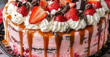 Strawberry Caramel Cake with fresh strawberries and caramel glaze on top