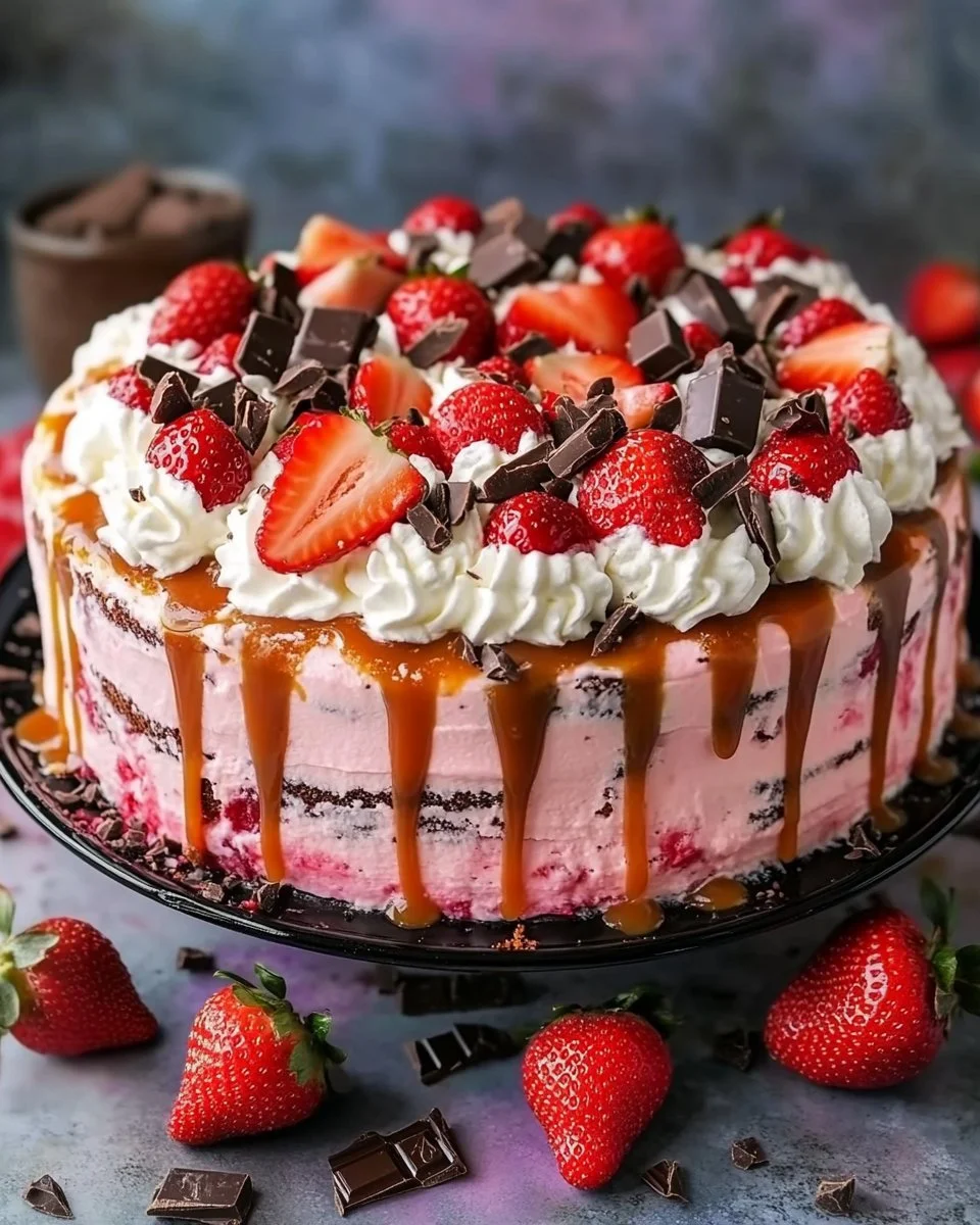 Strawberry Caramel Cake with fresh strawberries and caramel glaze on top