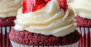 Strawberry cheesecake red velvet cupcakes topped with cream cheese frosting