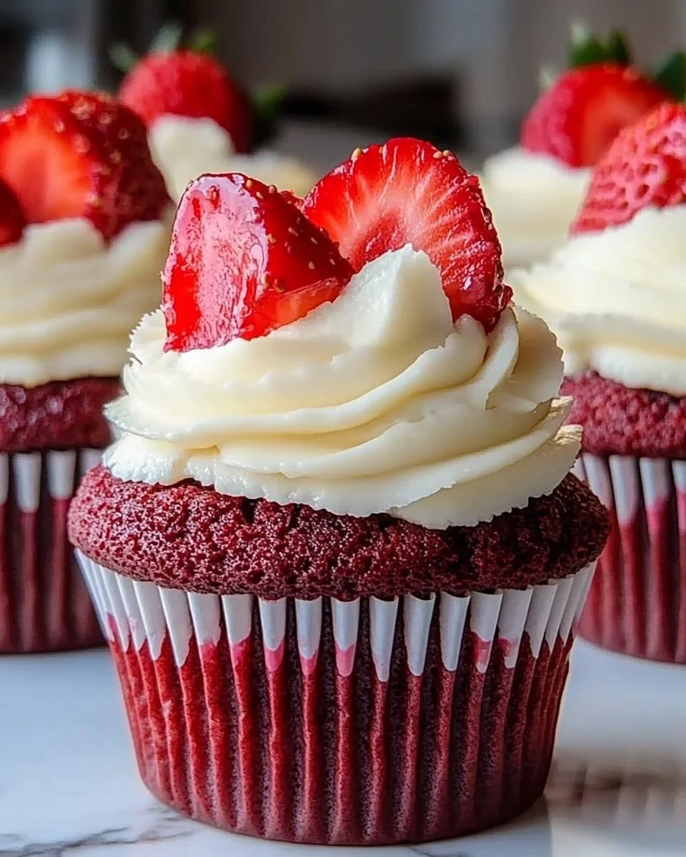 Strawberry cheesecake red velvet cupcakes topped with cream cheese frosting