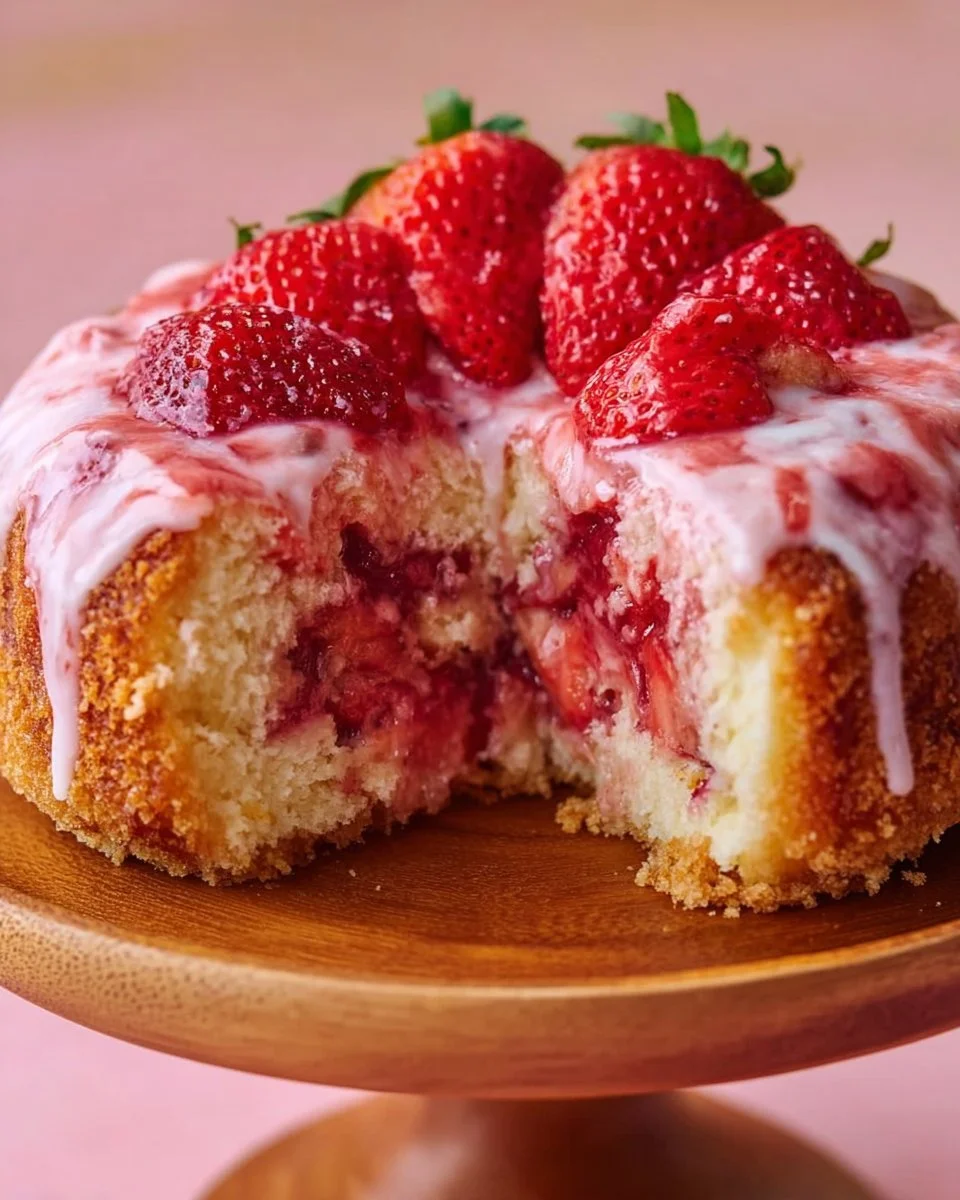 Delicious strawberry cream dessert topped with fresh strawberries and cream