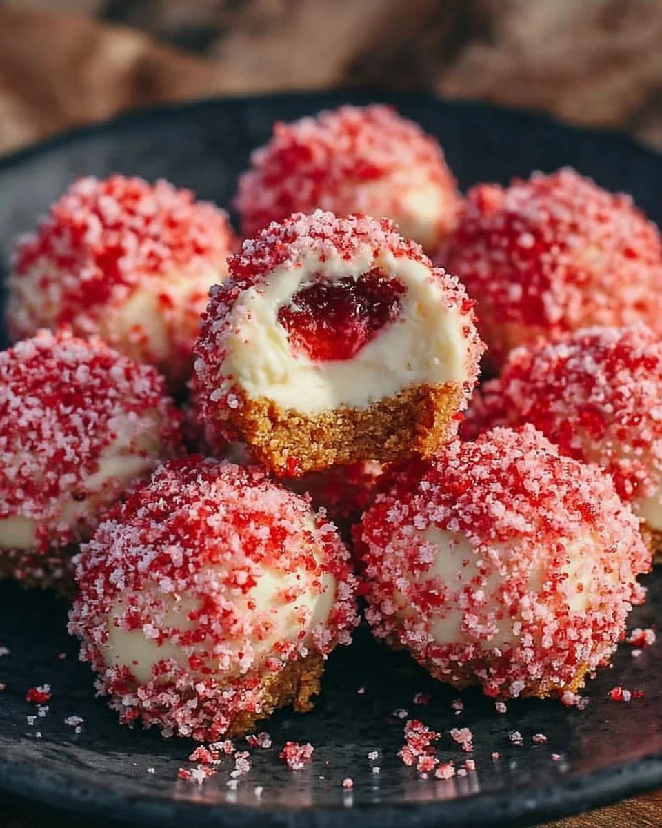 Strawberry Crunch Cheesecake Bites on a plate, perfect for dessert lovers.