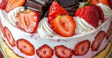 Delicious strawberry dessert topped with fresh strawberries and whipped cream