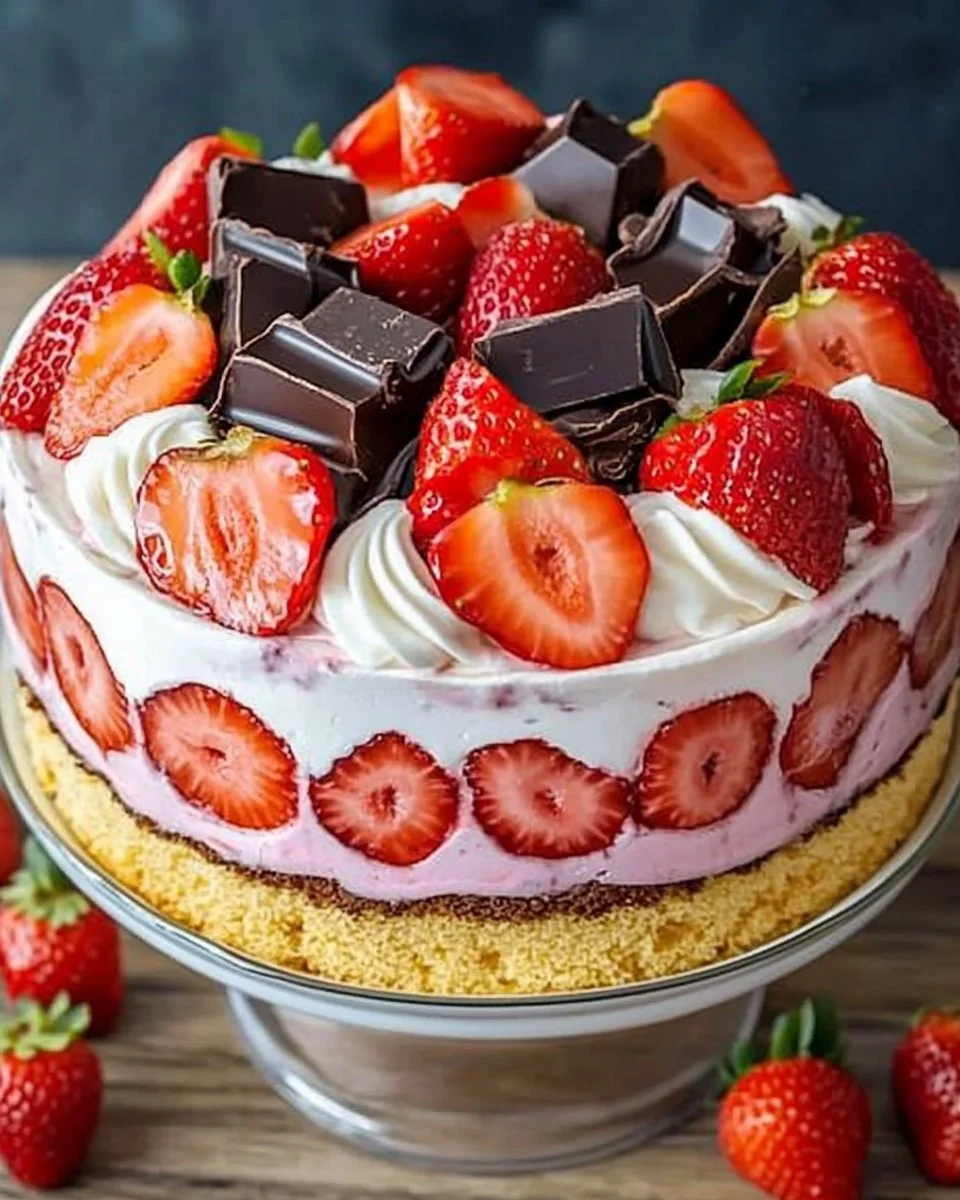 Delicious strawberry dessert topped with fresh strawberries and whipped cream