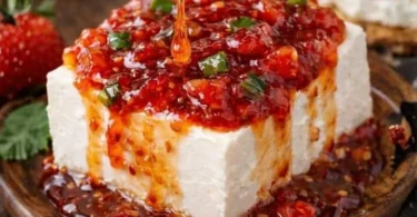 Strawberry Jalapeño Jam in a jar with fresh strawberries and jalapeños