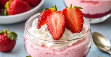 Delicious strawberry mousse served in a glass with fresh strawberries on top.