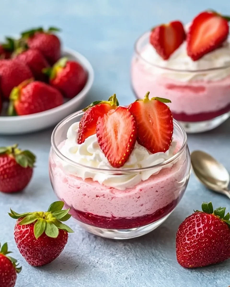 Delicious strawberry mousse served in a glass with fresh strawberries on top.