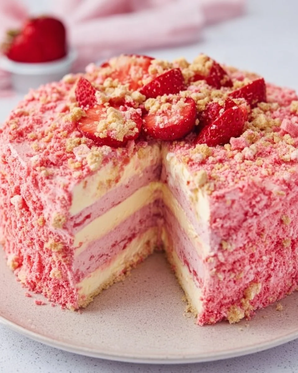 Delicious strawberry shortcake cheesecake topped with fresh strawberries and whipped cream.
