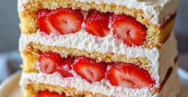 Delicious Strawberry Shortcake Layer Cake with fresh strawberries and whipped cream