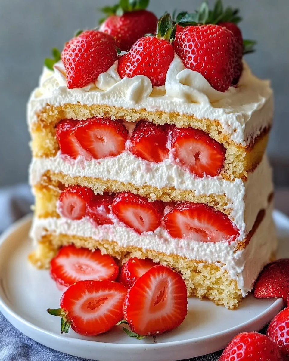 Delicious Strawberry Shortcake Layer Cake with fresh strawberries and whipped cream