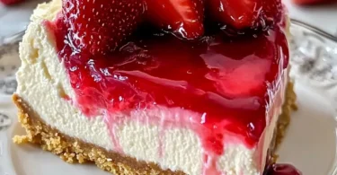 Creamy strawberry swirl cheesecake dessert topped with fresh strawberries