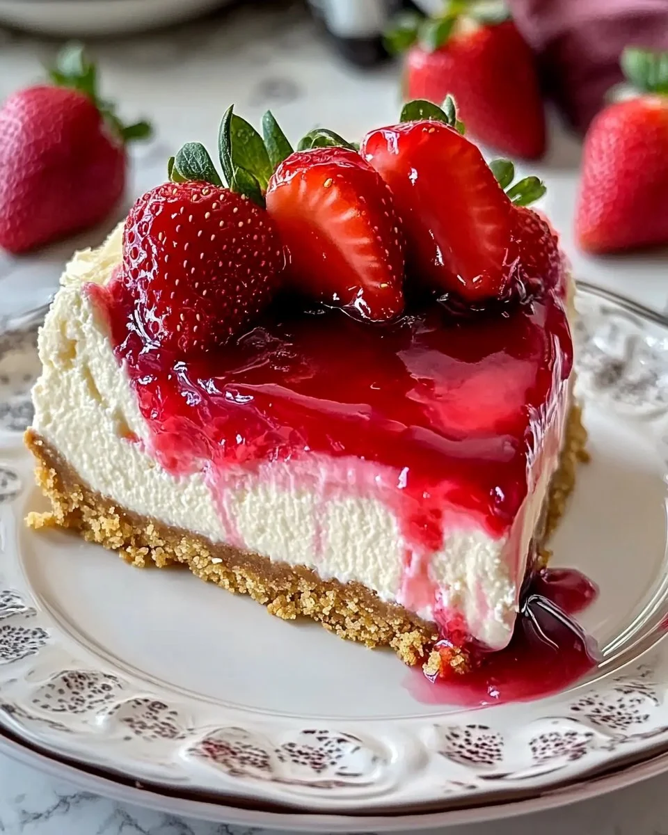 Creamy strawberry swirl cheesecake dessert topped with fresh strawberries